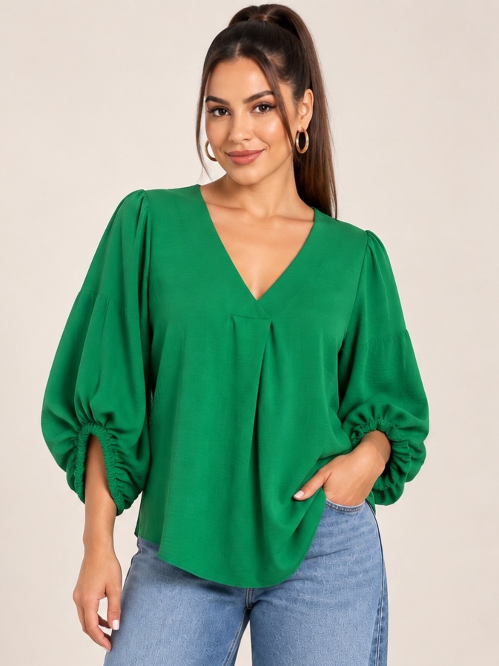 eesome V-Neck Balloon Sleeve Blouse in Green
